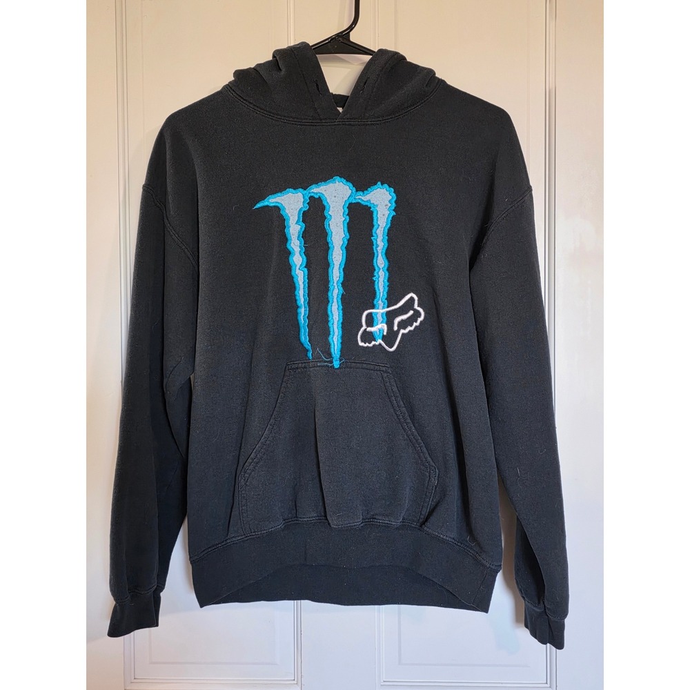 Fox Racing x Monster Energy RARE Hoodie Mens Small Black Cyan Blue Logo Y2K VTG